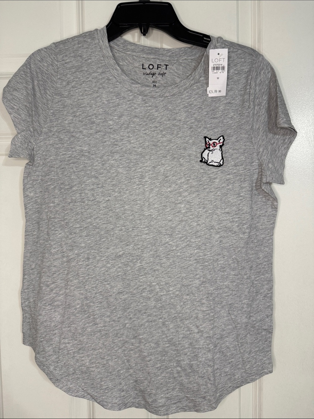LOFT Light Gray Short Sleeve Tee with Cat Embroidery and Pink Accent